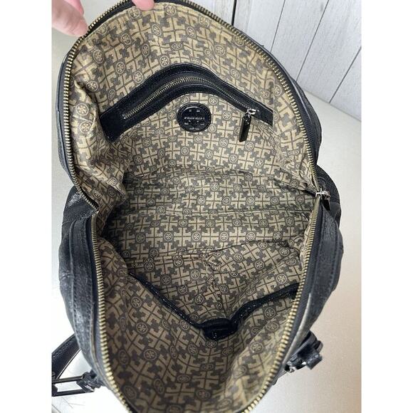 Tory Burch Black Sheen Crackle Leather Top Handle Bag Chunky Hardware Y2K - Picture 3 of 11